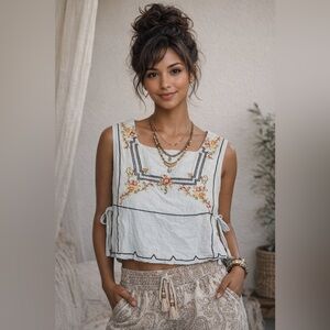 Embroidered Blue Square-Neck Sleeveless Crop Top